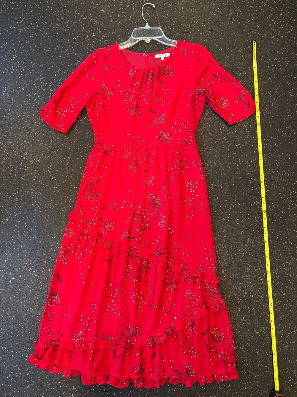 Madewell Red Floral Ruffle Tiered  Dress